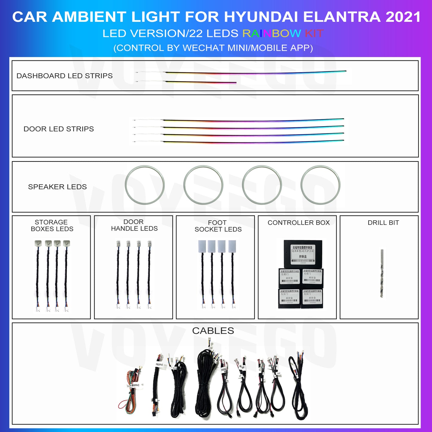 Hyundai Elantra 2020-2023 Ambient Lighting Kit | 22 Leds in 1 Kit Rainbow