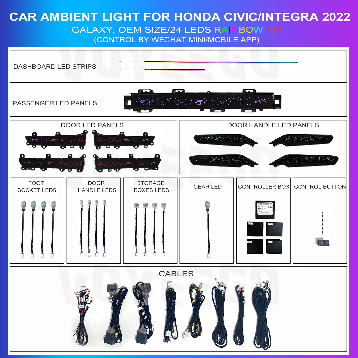 Honda Civic Integra 2022 2023 2024 2025 ambient lighting kit for left hand drive, with galaxy universe patterns trim leds for dashboard passenger side and door trim and door handle panel