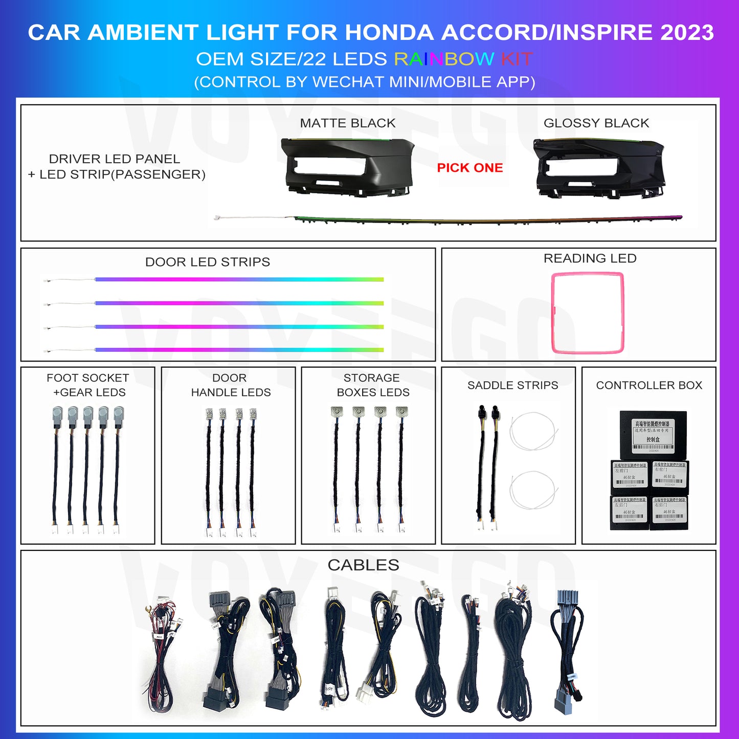 Customized ambient lighting kit for honda accord 2023 2024 2025 | 22 leds, including dashboard trim, door leds strips, reading leds, footwell leds, gear leds, saddle leds, storage leds, door handle leds