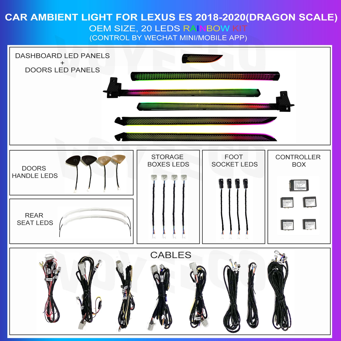Ambient lighting kit for Lexus ES 2018-2020, including LED panels, cables