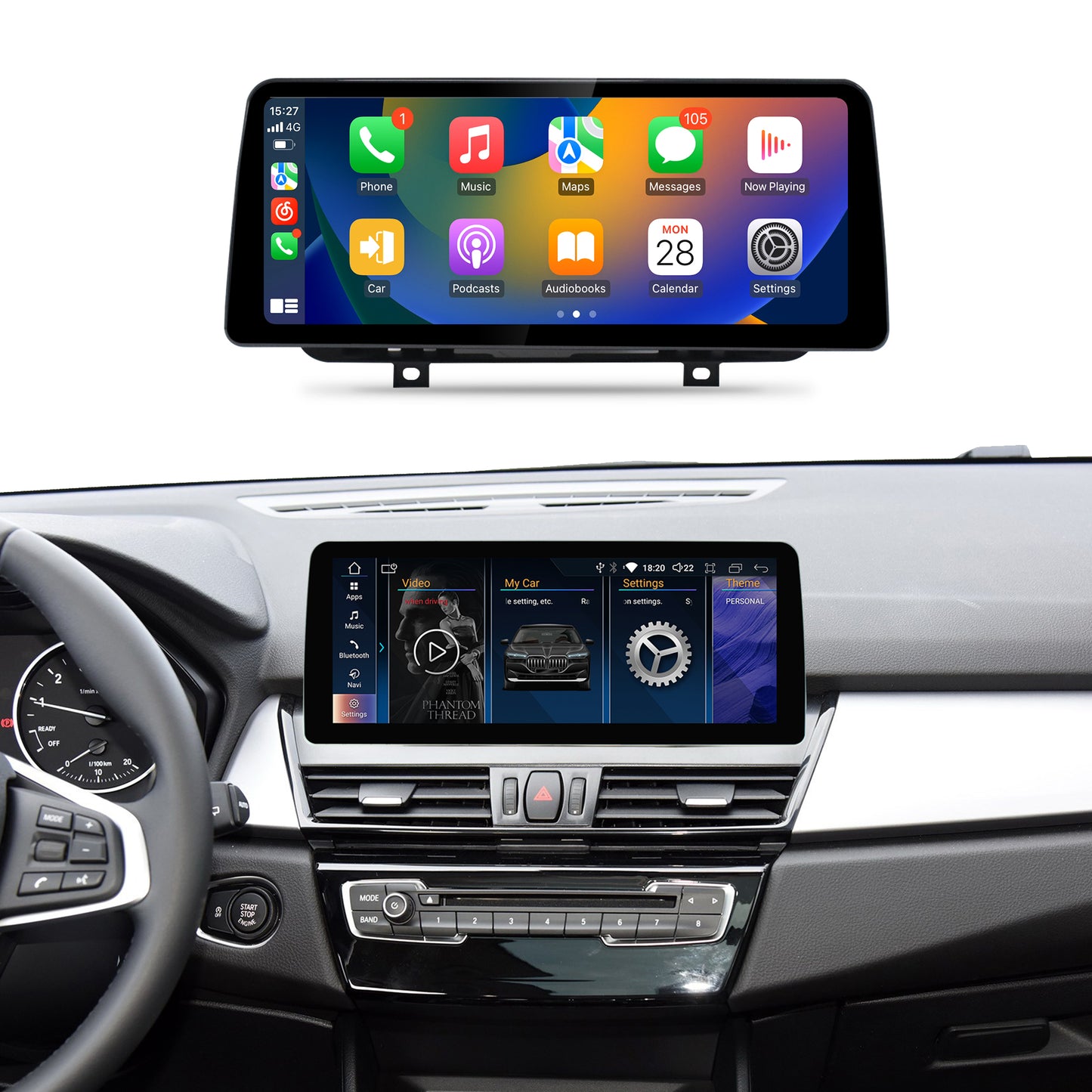 BMW 2 series F22 F45 car interior upgrade to 12.3 inch bigger screen with new android system doing online offline music and video as well as netflix and youtube video, at the same time, keep all bmw original menu functions.