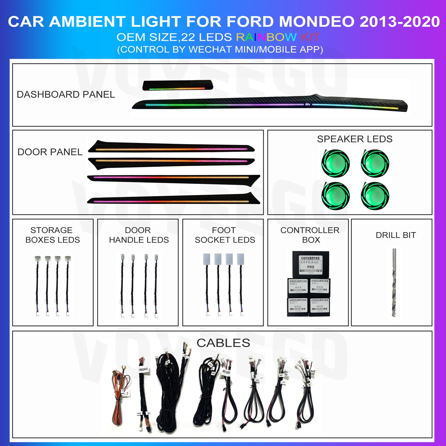 An ambient lighting kit for Ford Mondeo 2013-2020, including OEM panel size 22 LEDs, speaker LEDs, door panel LEDs, foot panel LEDs, and a drill bit for installation. Also shown are the control board and cables.