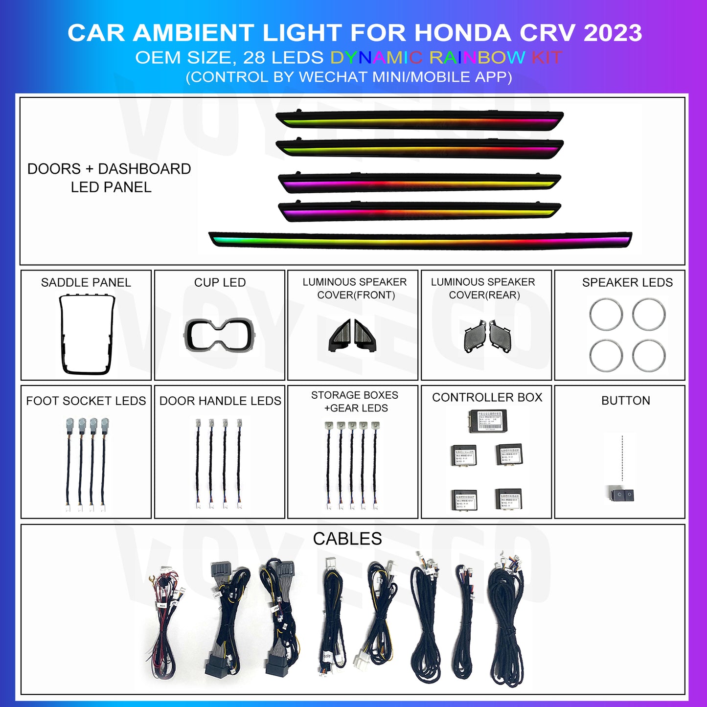 An interior lighting kit for Honda CRV 2023 to 2025, including 28 LED lights with various colors such as saddle, cup, dashboard, door, speaker, along with foot socket, door handle, door storage box, and control box.