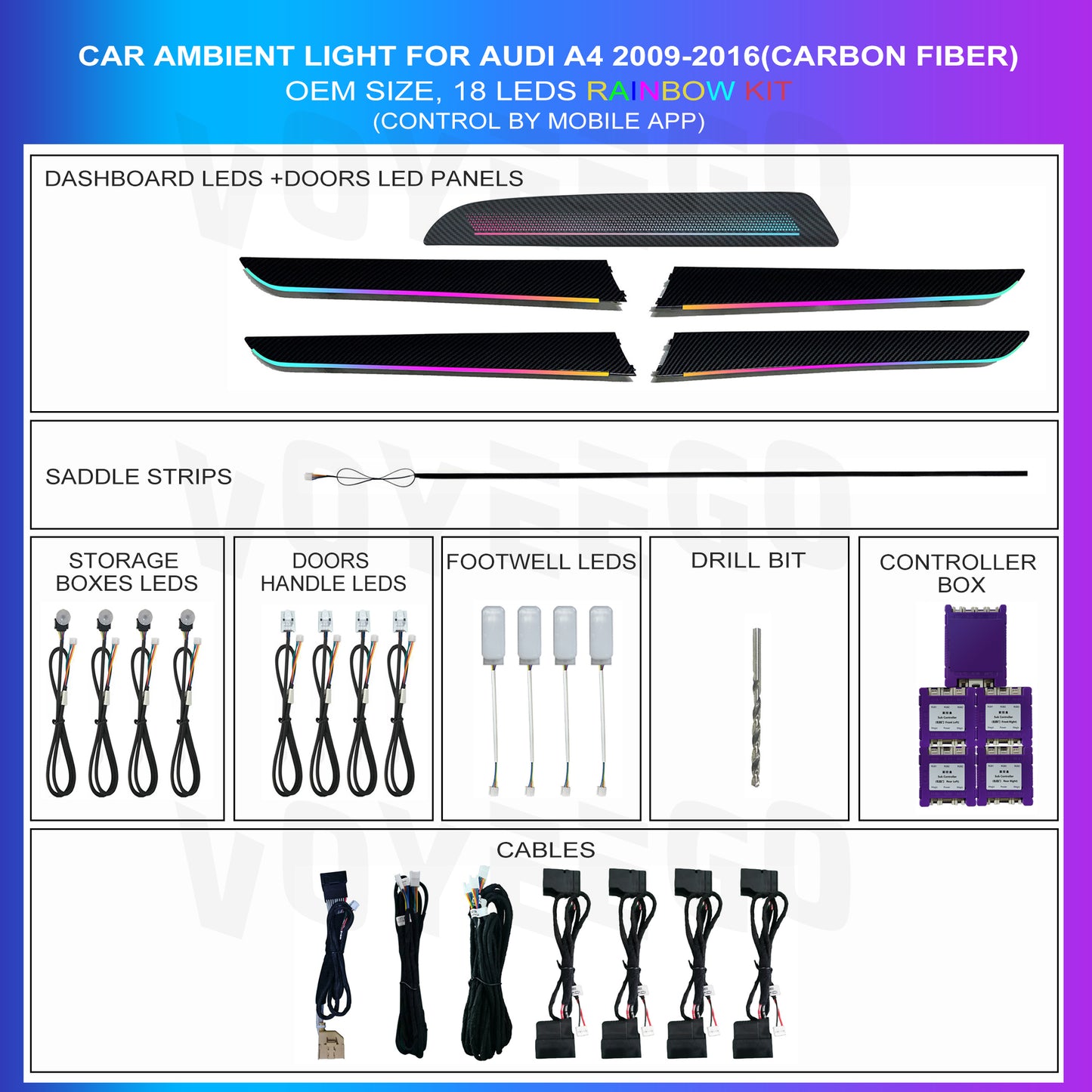 A4 2009-2016 18 Leds Ambient Lighting Interior Kit | Carbon Pattern