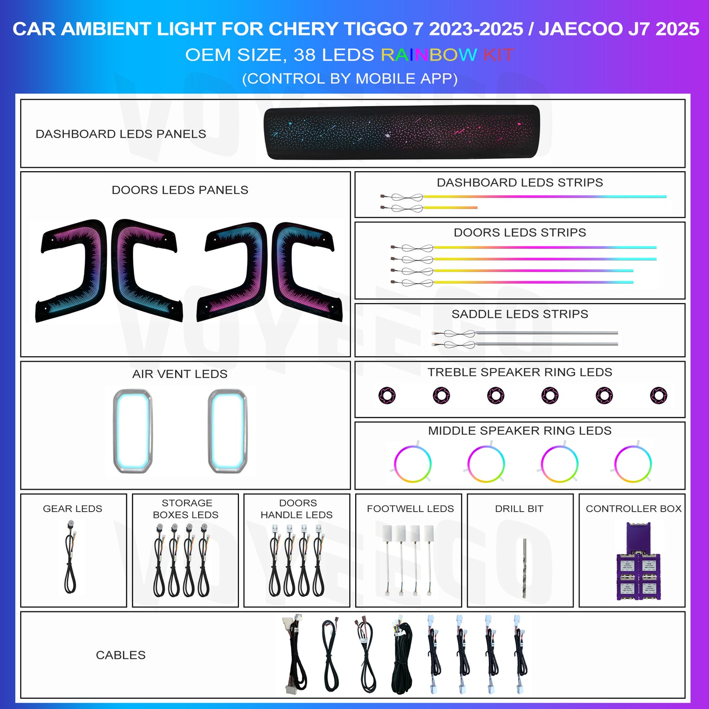 Chery Tiggo 7 2023-2025 Jaecoo J7 2025 Ambient Lighting 38 LEDS