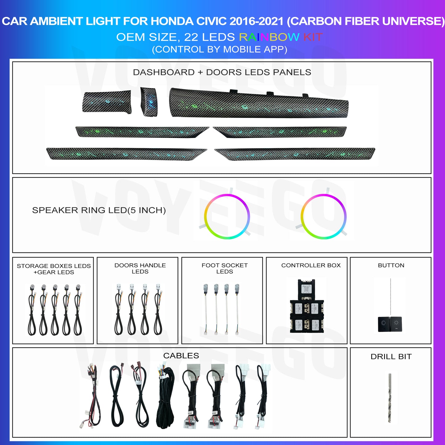 Civic 2016-2021 Ambient Lighting 20 Leds Kit | Carbon Fiber