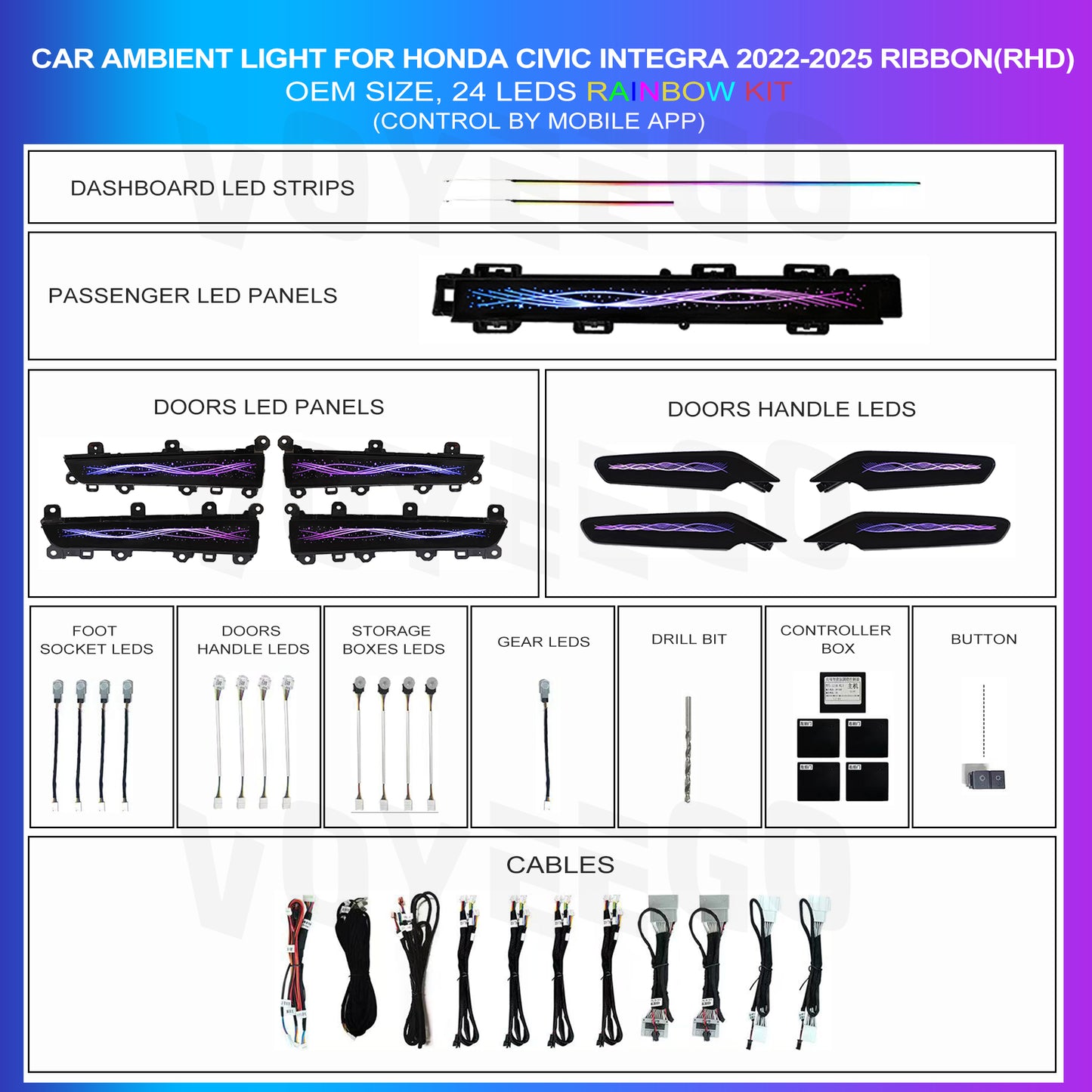 Car ambient light kit for Honda Civic Integra 2022-2025 in ribbon patterns design