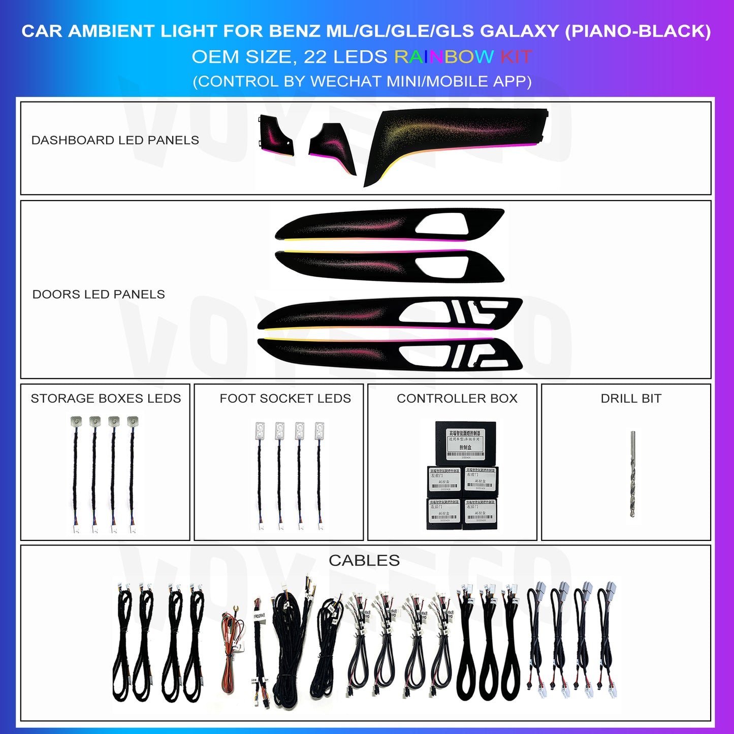 Car Ambient Lighting Kit for BMW GLE GL GL GLS from year 2012 to 2019, including 22 LED, dashboard galaxy panels in various colors, door customized trim with galaxy patterns, door storage box leds, footwell leds, the control box, cables and installation accessories drill bit.