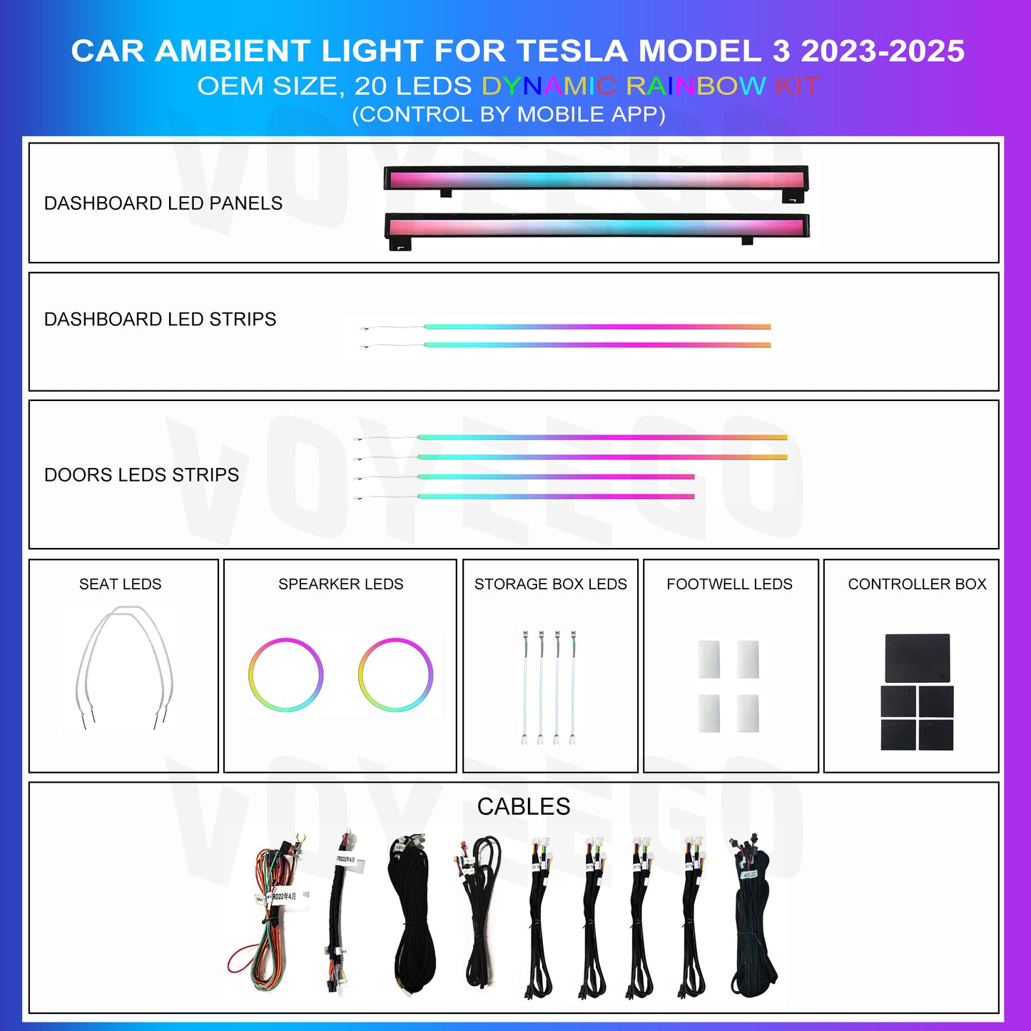 Model 3 2023-2025 Ambient Lighting Kit Interior Vibe | 64RGB Colors | Music Sync | Dynamic Rainbow | 20 Leds