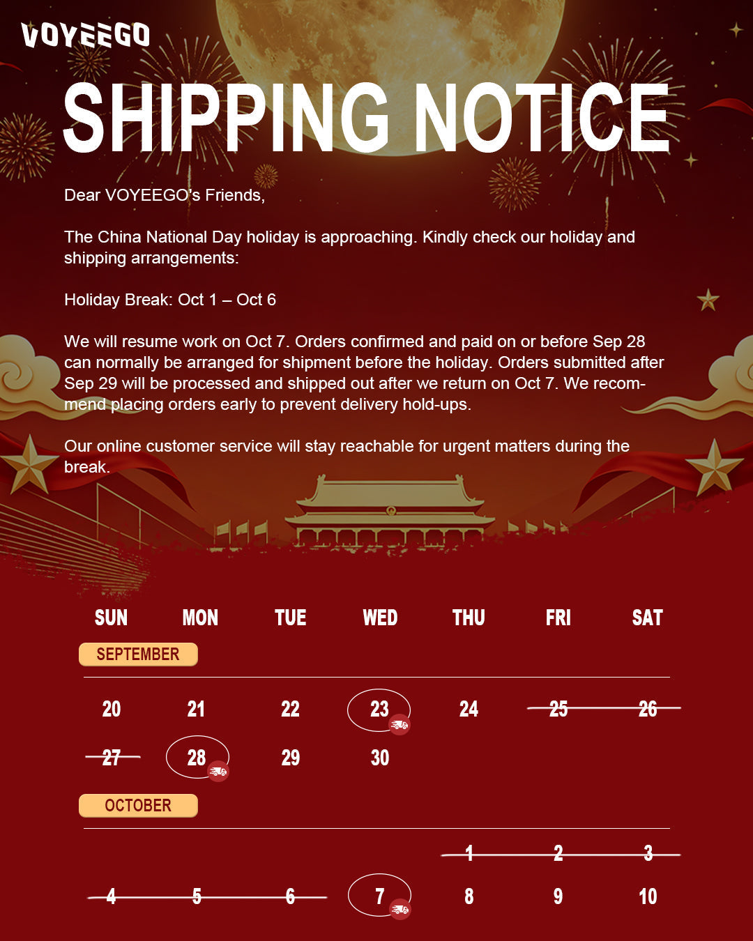 National Day 2026 Holiday & Shipping Update from VOYEEGO