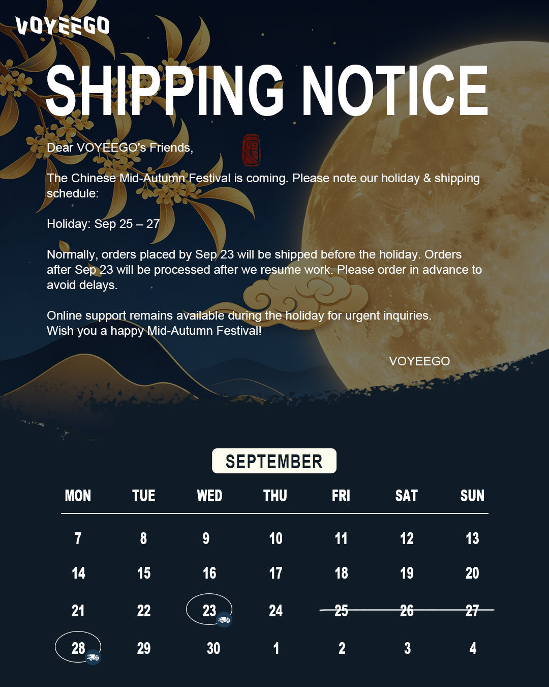 Mid-Autumn Festival 2026 Holiday & Shipping Update from VOYEEGO