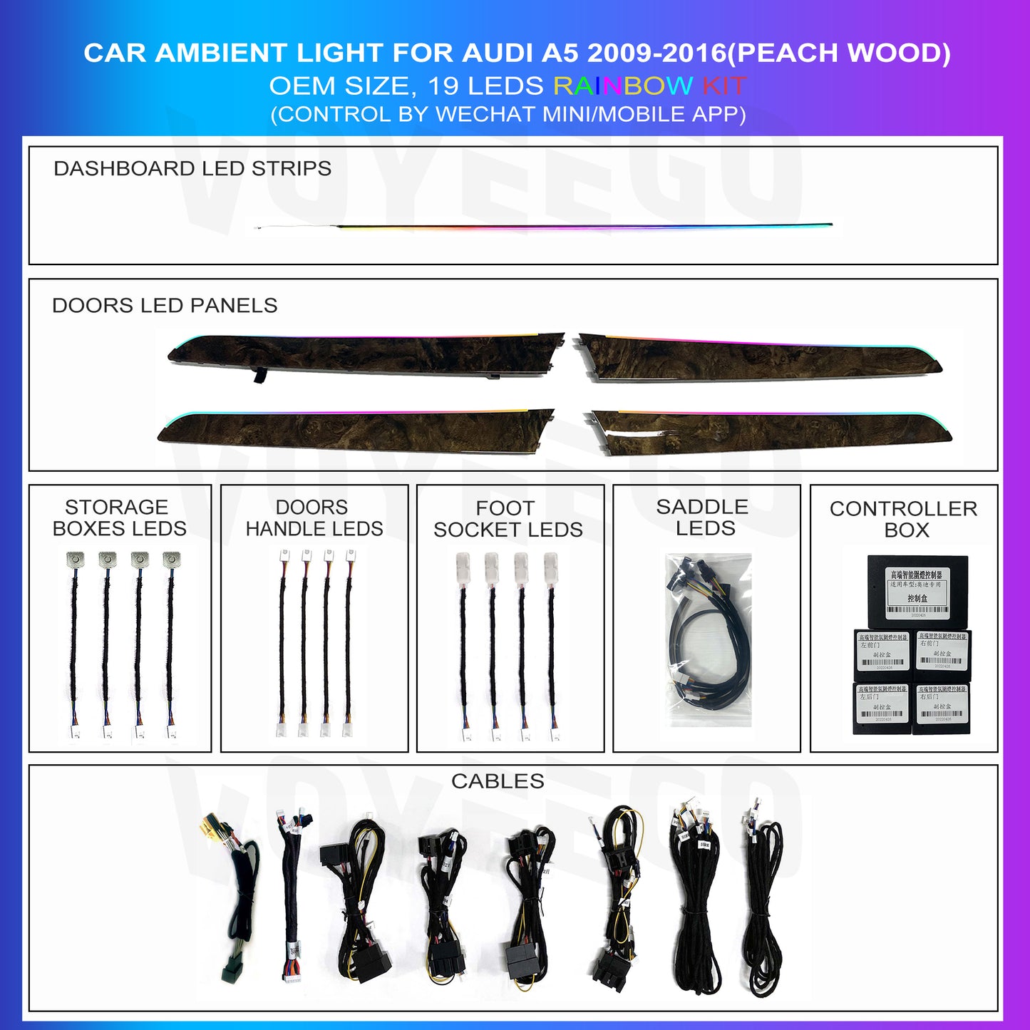 A5 2009-2016 19 Leds Ambient Lighting Interior Kit | Peach Wood