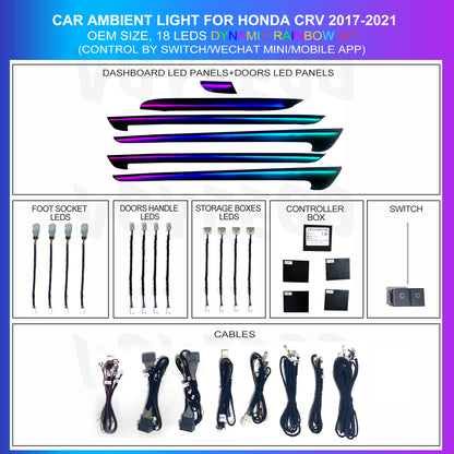 Ambient lighting kit for Honda CRV including 18 LEDs, dashboard panel leds, door panel leds, footwell leds, door handle leds, storage boxes leds, manual switch, controller box, and cables. The image shows the components details.