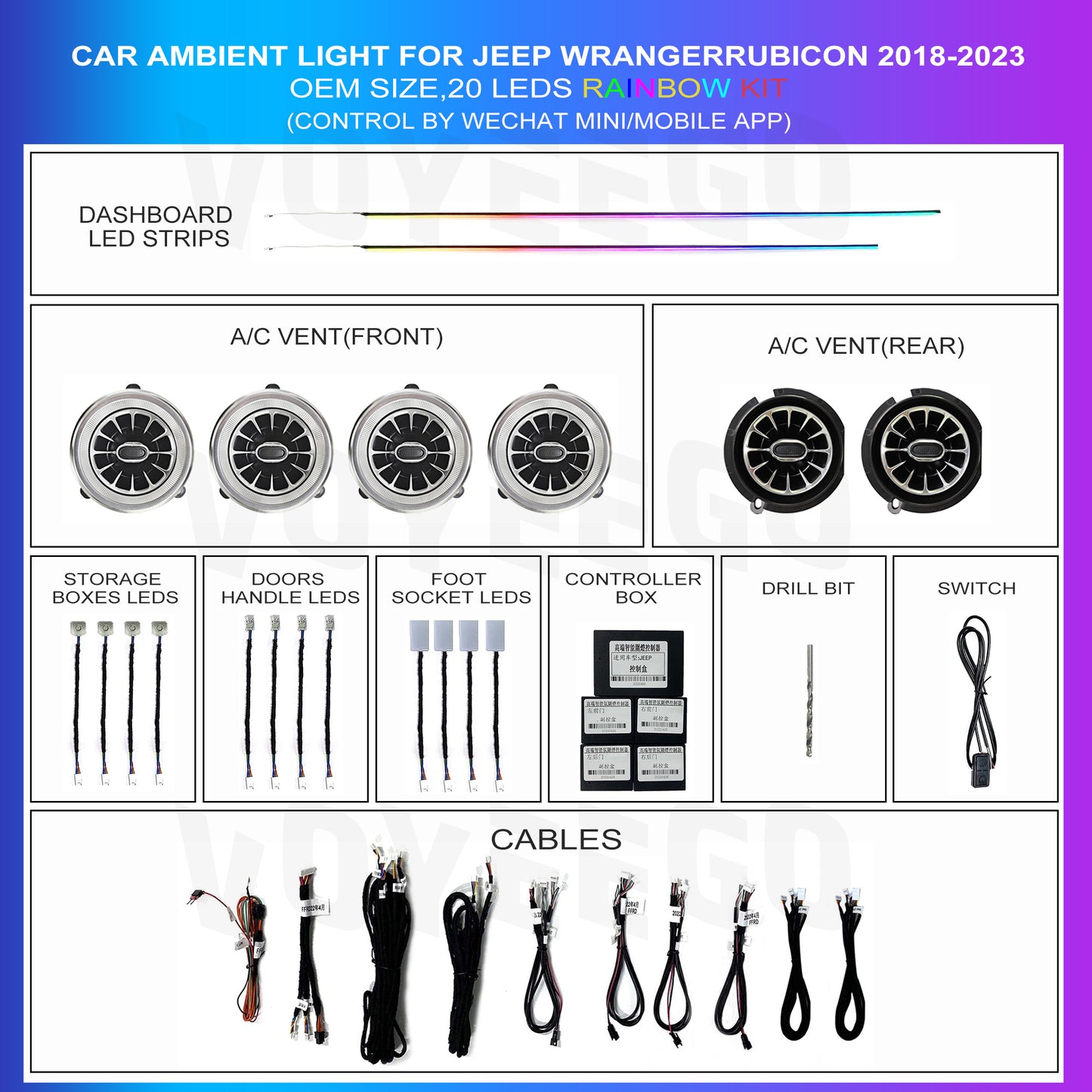 Jeep Wrangler Rubicon 2018-2023 Ambient Lighting Kit Interior Retrofit