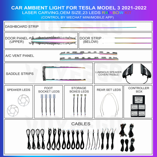 Model 3 2021-2022 Ambient Lighting 23 LEDs Kits | Laser Carving