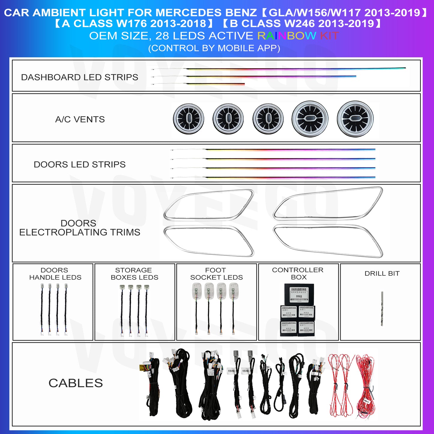 Car ambient lighting kit for GLA W156 W117 A CLASS W176 B CLASS W246 WITH DASHBOARD STRIPS AND DOOR STRIPS LEDS
