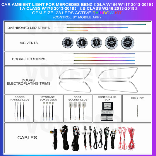 Car ambient lighting kit for GLA W156 W117 A CLASS W176 B CLASS W246 WITH DASHBOARD STRIPS AND DOOR STRIPS LEDS