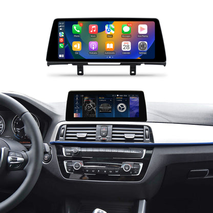 A 10.25 inch aftermarket touchscreen Android Auto screen mounted on BMW 1 series f20 2 series, with various functions such as carplay wireless, online and offline music, video, and keep all oem bmw menu functions