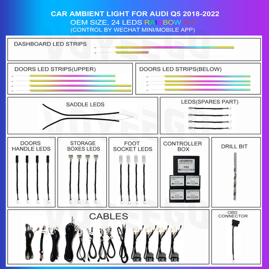 Q5 2018-2022 Rainbow Interior Strip Ambient Lighting | 24 Leds