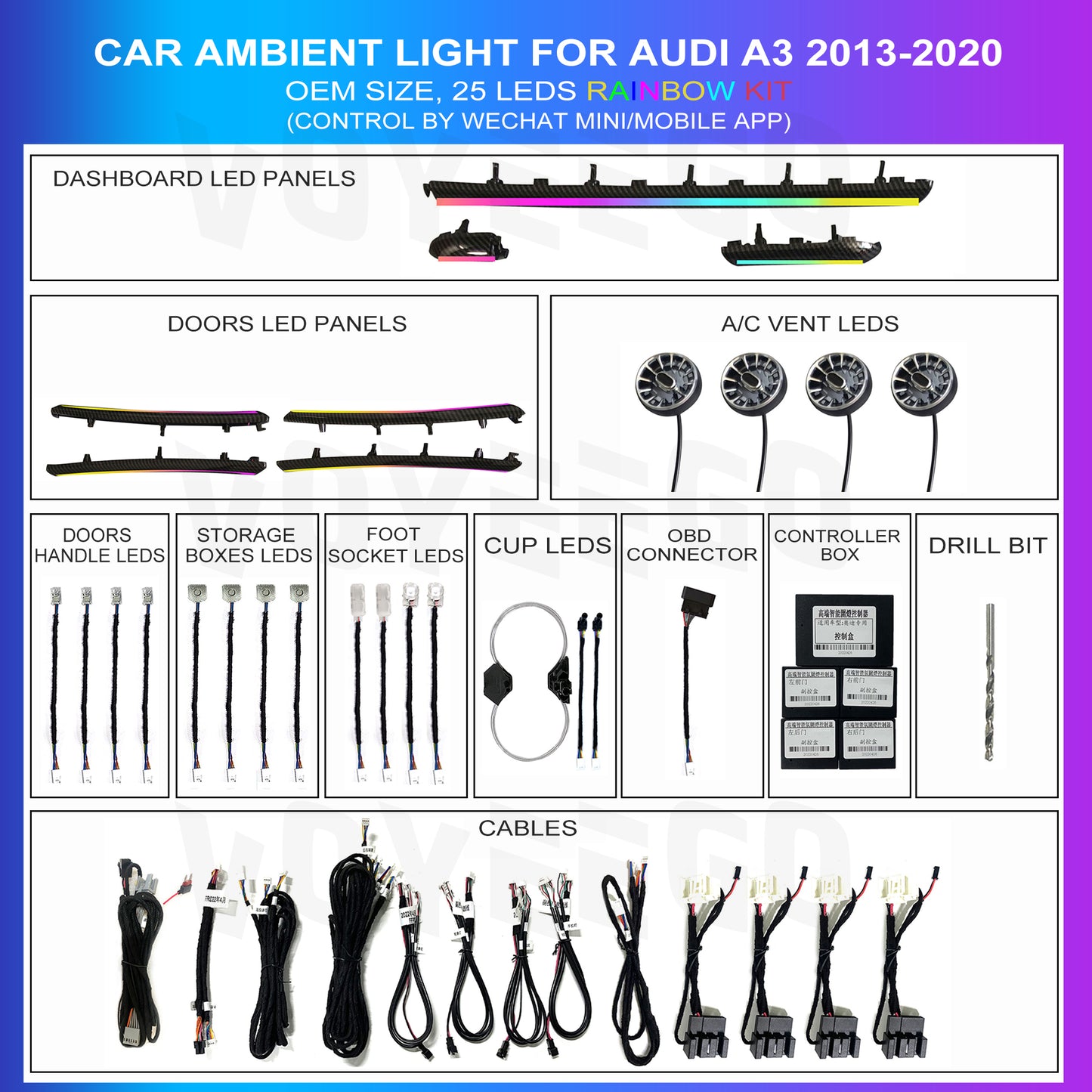 A3 2013-2020 Ambient Lighting with A/C Vent | 25 Leds Rainbow Kit