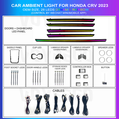 An interior lighting kit for Honda CRV 2023 to 2025, including 28 LED lights with various colors such as saddle, cup, dashboard, door, speaker, along with foot socket, door handle, door storage box, and control box.