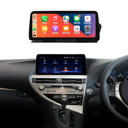 A wireless carplay touch screen 12.3 inch display mounted in the center of a right hand drive lexus rx from year 2009 to 2014 dashboard