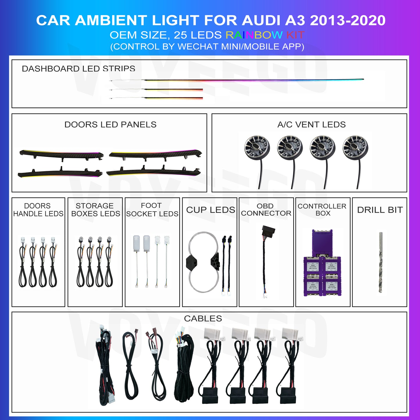 A3 2013-2020 Ambient Lighting with A/C Vent | 25 Leds Rainbow Kit
