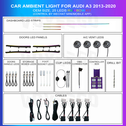 A3 2013-2020 Ambient Lighting with A/C Vent | 25 Leds Rainbow Kit