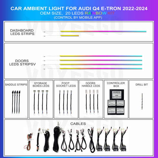 Ambient Lighting Full set fit for Audi Q4 E-tron 2022-2024 | 20 leds | 64 colors | single colors | resorted colors