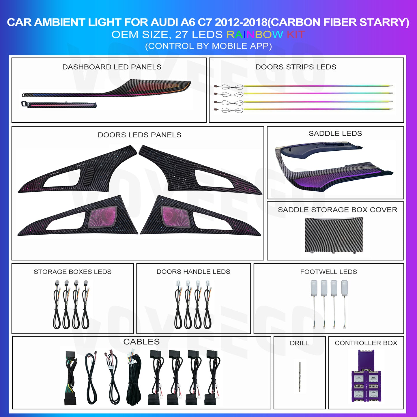 A6 RS6 C7 2012-2018 27 Leds Ambient Lighting | Carbon Pattern | Full Trim Type