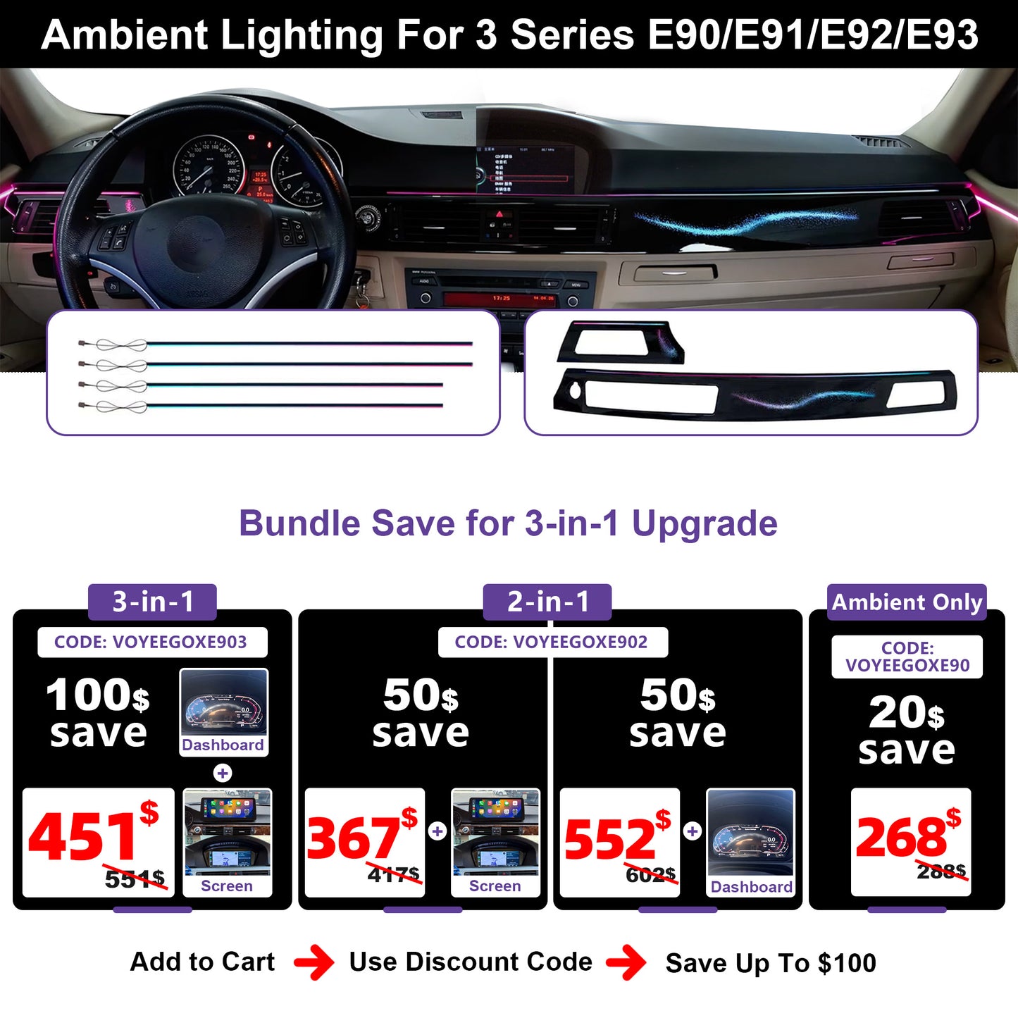 Presale | BMW 3 Series E90 E91 E92 E93 Ambient Lighting Kit (2005-2012) | Galaxy Rainbow LED Upgrade for Dashboard & Door Handles