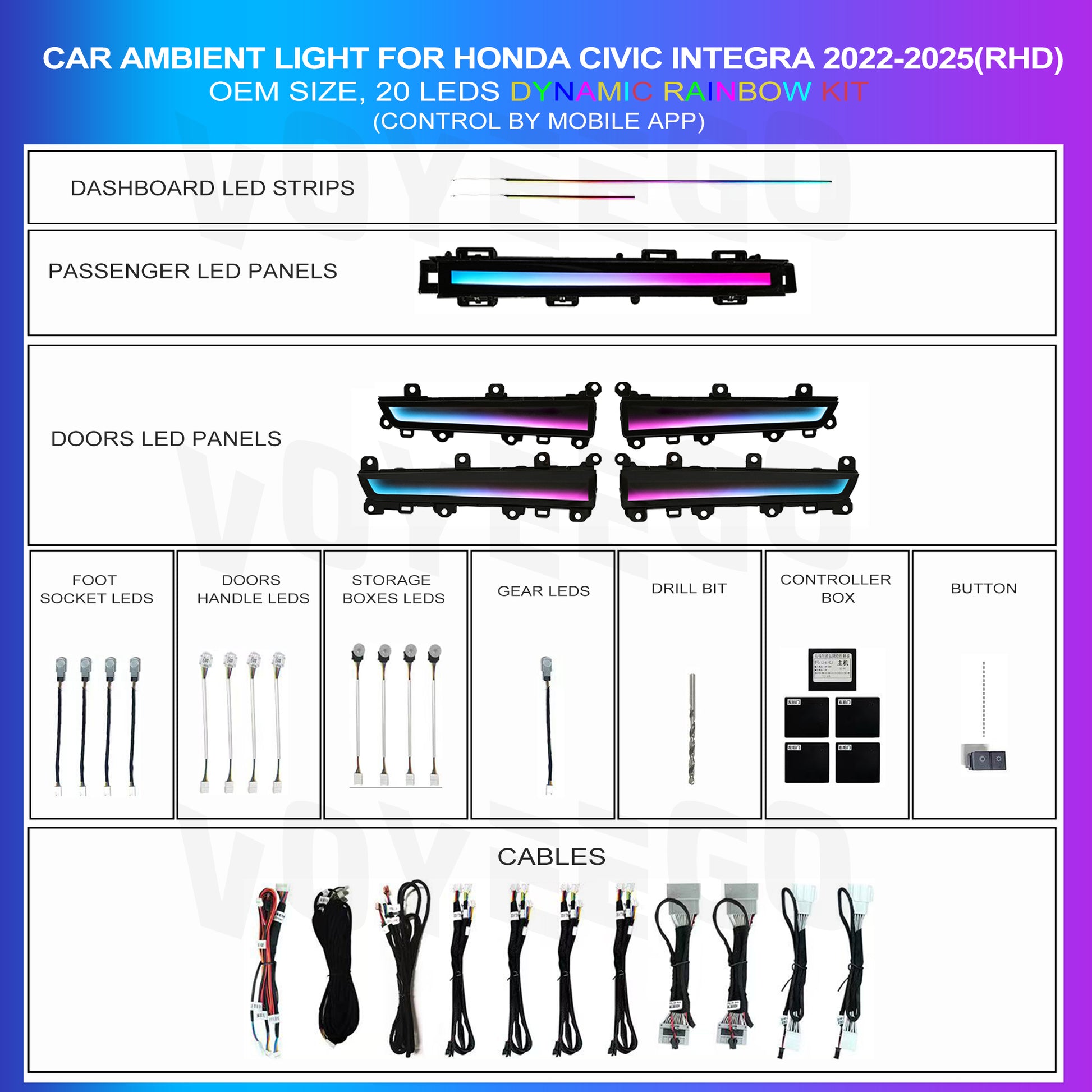 Diagram of car ambient light components for Honda Civic Integra 2022-2025 RHD, including LED strips, panels, and cables.