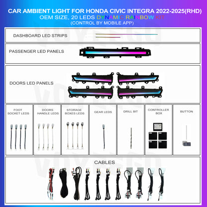 Diagram of car ambient light components for Honda Civic Integra 2022-2025 RHD, including LED strips, panels, and cables.