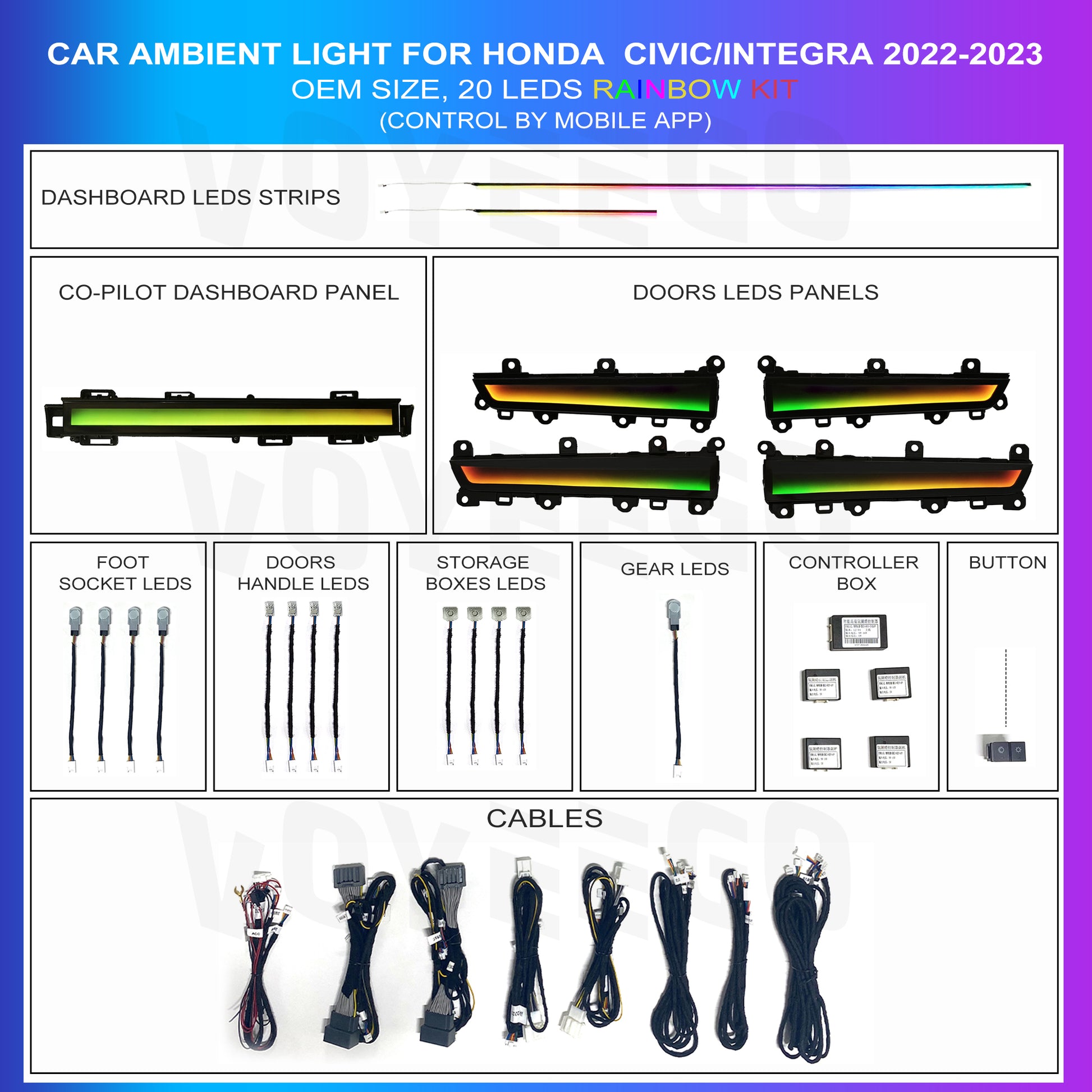 Car ambient light kit for Honda Civic/Integra 2022-2023 dynamic rainbow type kit with various components including dashboard strips, passenger side panel, door leds panel, footwell leds, door storage box leds, gear leds