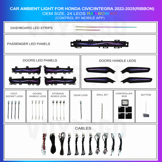 Honda Civic 2022 2023 Ambient Lighting Kit Ribbon Left Hand Drive 24 Leds with door handle trim leds
