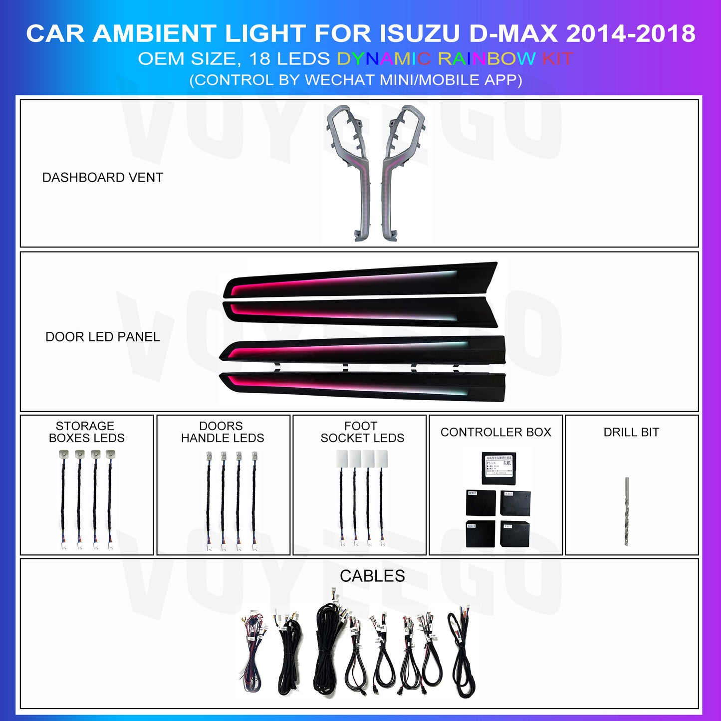 ISUZU D-max 2014-2018 Interior Ambient Lighting Retrofit | Dynamic Rainbow | 18 Leds
