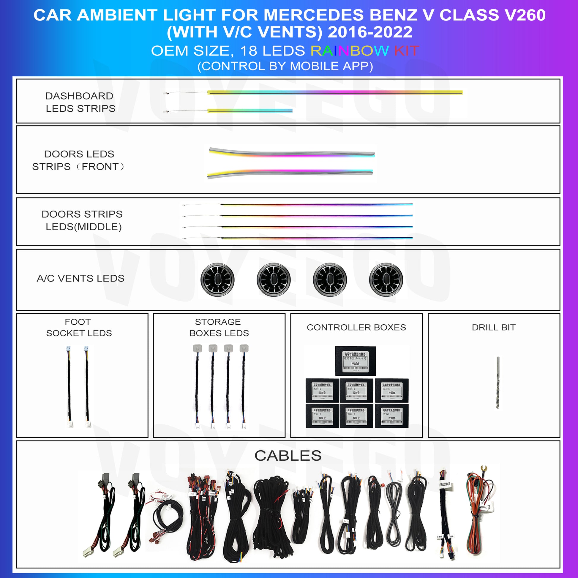 Mercedes V Class V260 2016-2022 ambient lighting with air vent leds 18 leds app control oem screen control easy coding
