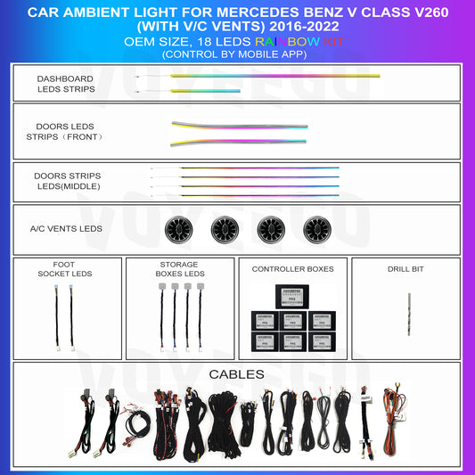 Mercedes V Class V260 2016-2022 ambient lighting with air vent leds 18 leds app control oem screen control easy coding