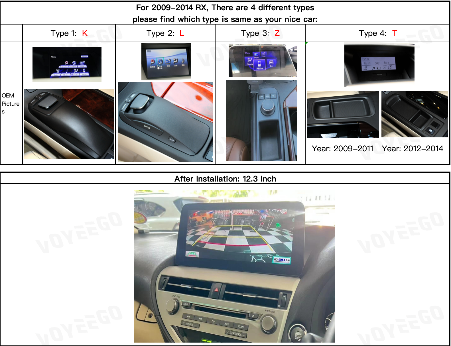 Comparison chart of car oem system types for 2009-2014 RX right hand drive models with after installation of new android big screen image.